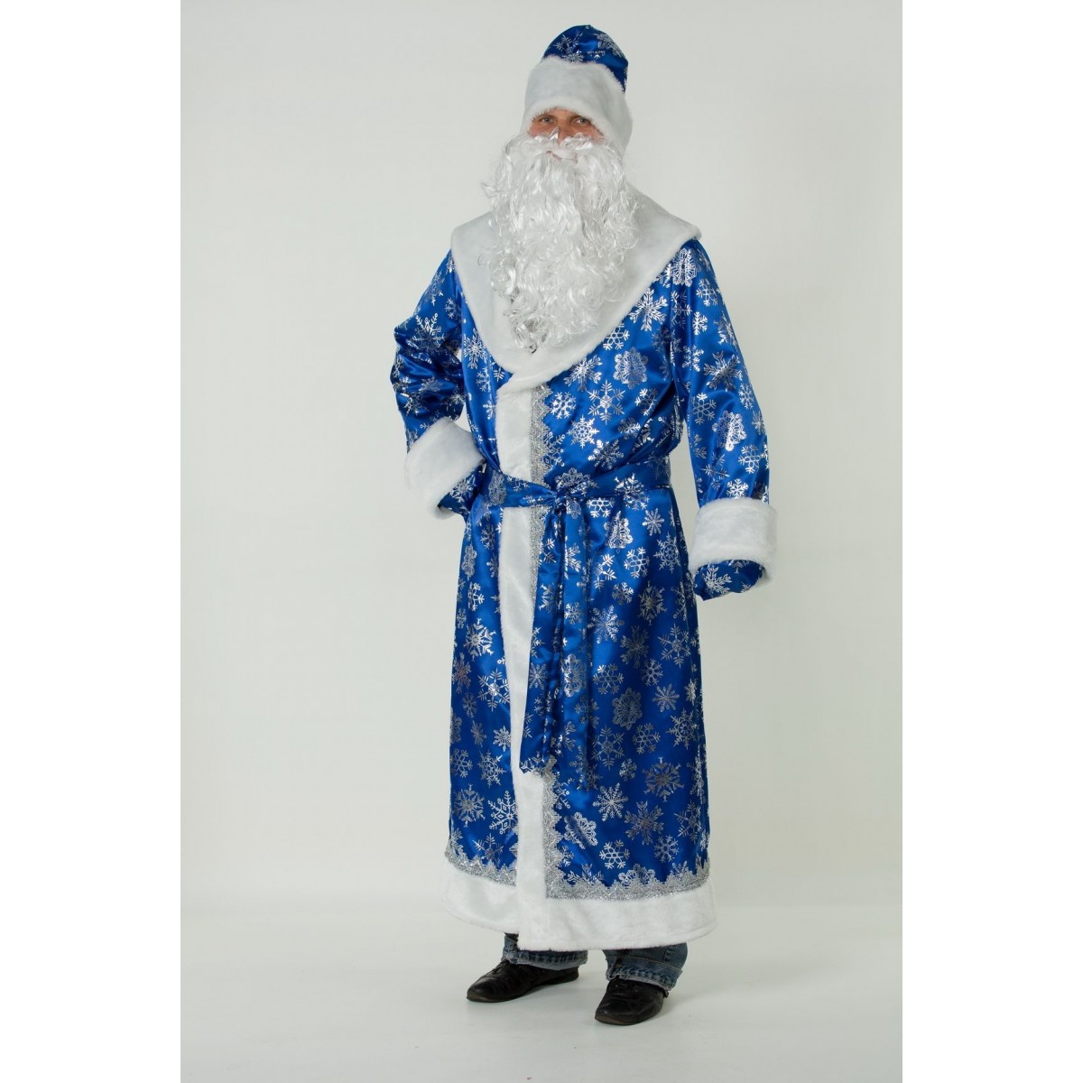 Костюм Деда Мороза, новогодний костюм Дед Мороз классический, сатиновый, синий, Батик
