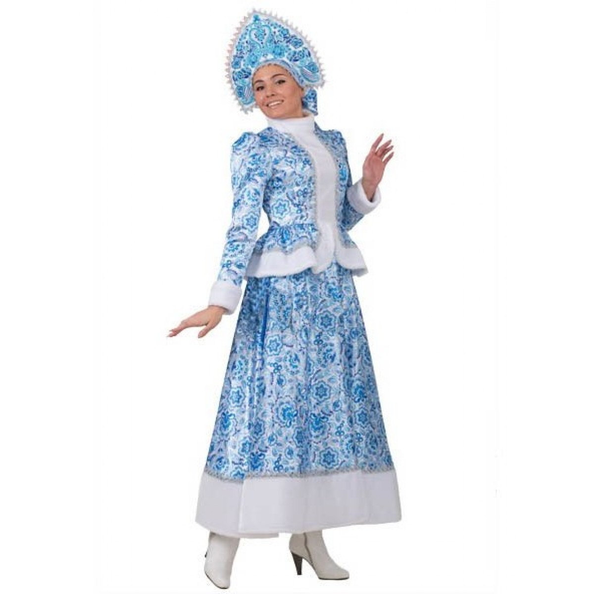 Новогодний костюм Снегурочки с кокошником, очаровательная Снегурочка Гжель с длинной юбкой, Батик